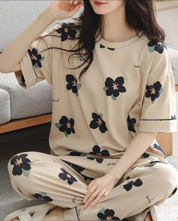 Brown BIG Black all over flowers Print Half Sleeves The Ultimate Dream Wear Sleep Suit (OM-131)