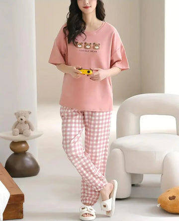 Pink lovely 3 bears Print Half Sleeves The Ultimate Dream Wear Sleep Suit (OM-129)