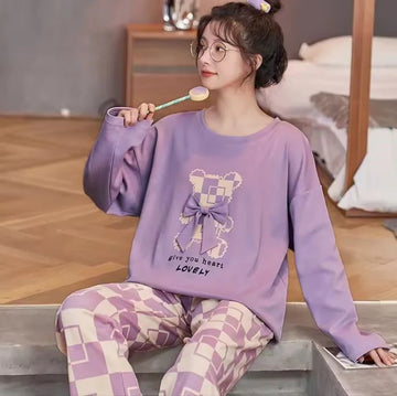 Lilac Give your heart Lovely Full Sleeves with Printed Pajama The Ultimate Dream Wear Sleep Suit (OM-140)