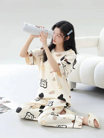 Off White Multi Monster Bear Half Sleeves Printed Night Suit The Ultimate Dream Wear Sleep Suit (OM-142)