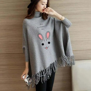 Rabbit Women's Bat-Wing Style Printed Fleece Poncho (OM-821)