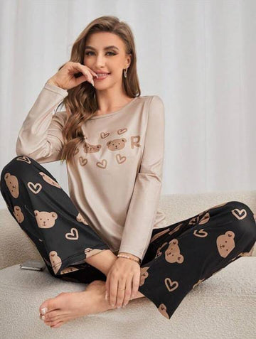 Light Brown Bears Printed Full Sleeves with Black Trouser The Ultimate Dream Wear Sleep Suit (OM-105)