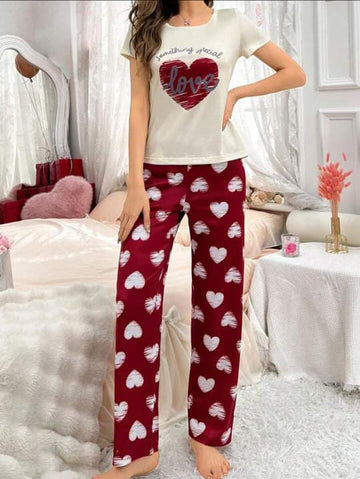 Of White Love Printed Half Sleeves with Maroon Trouser The Ultimate Dream Wear Sleep Suit (OM-113)