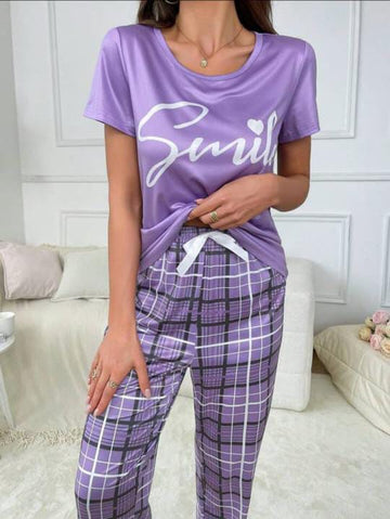 Purple Smile Print Half Sleeves With Check Trouser The Ultimate Dream Wear Sleep Suit (OM-107)