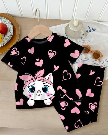 Black Kitty With Pink Hearts Printed The Ultimate Kids Sleep Suit (OM-367)