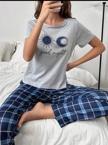 Grey Blue Good Night Half Sleeves The Ultimate Dream Wear Sleep Suit (OM-116)