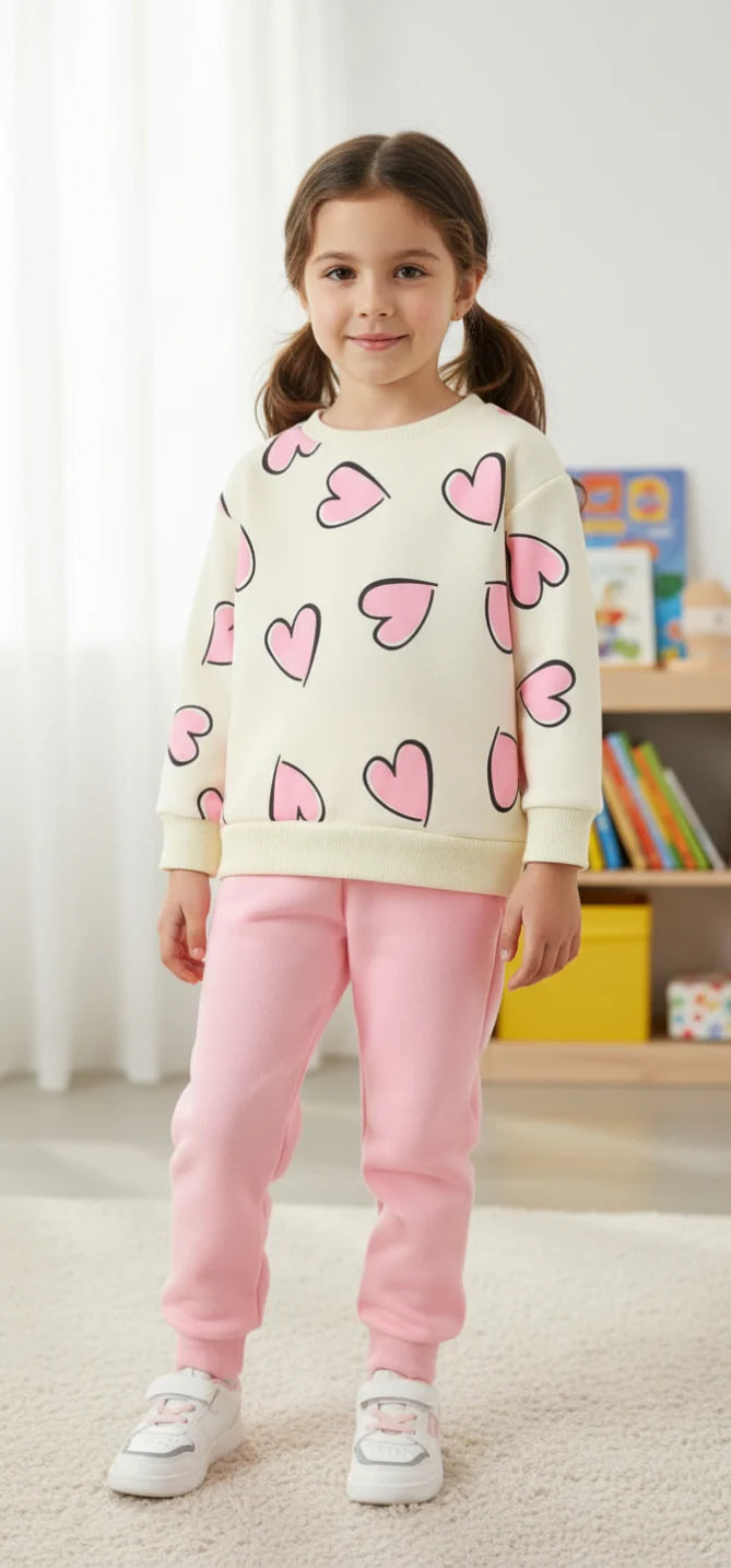 Off White with Pink Hearts Little Trendsetter Stylish Kids Winter Tracksuit (OM-629)