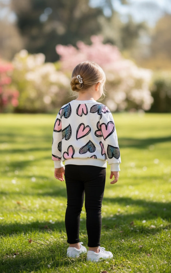 White With Pink And Black Hearts Little Trendsetter Stylish Kids Winter Tracksuit (OM-628)