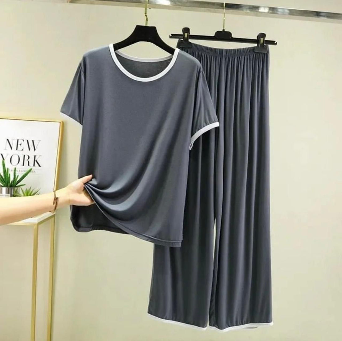 Grey With White Pipin Neck And Sleeves Half Sleeves Suit (OM-120)