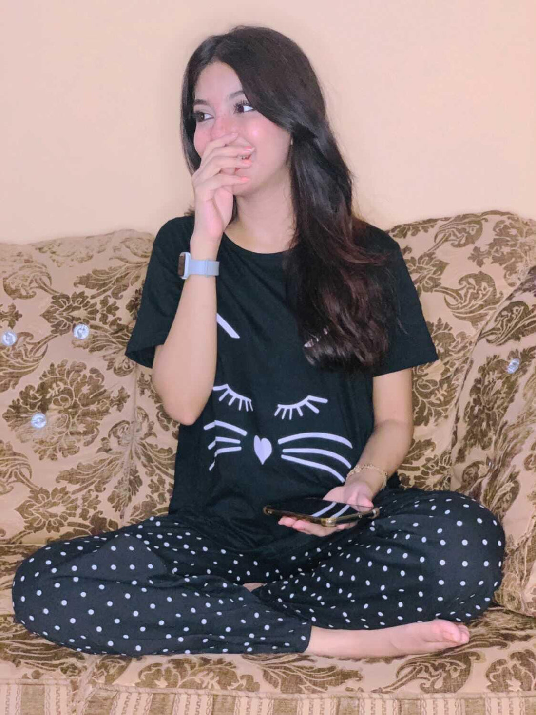 Black Meow Half Sleeves The Ultimate Dream wear Sleep Suit (OM-55)