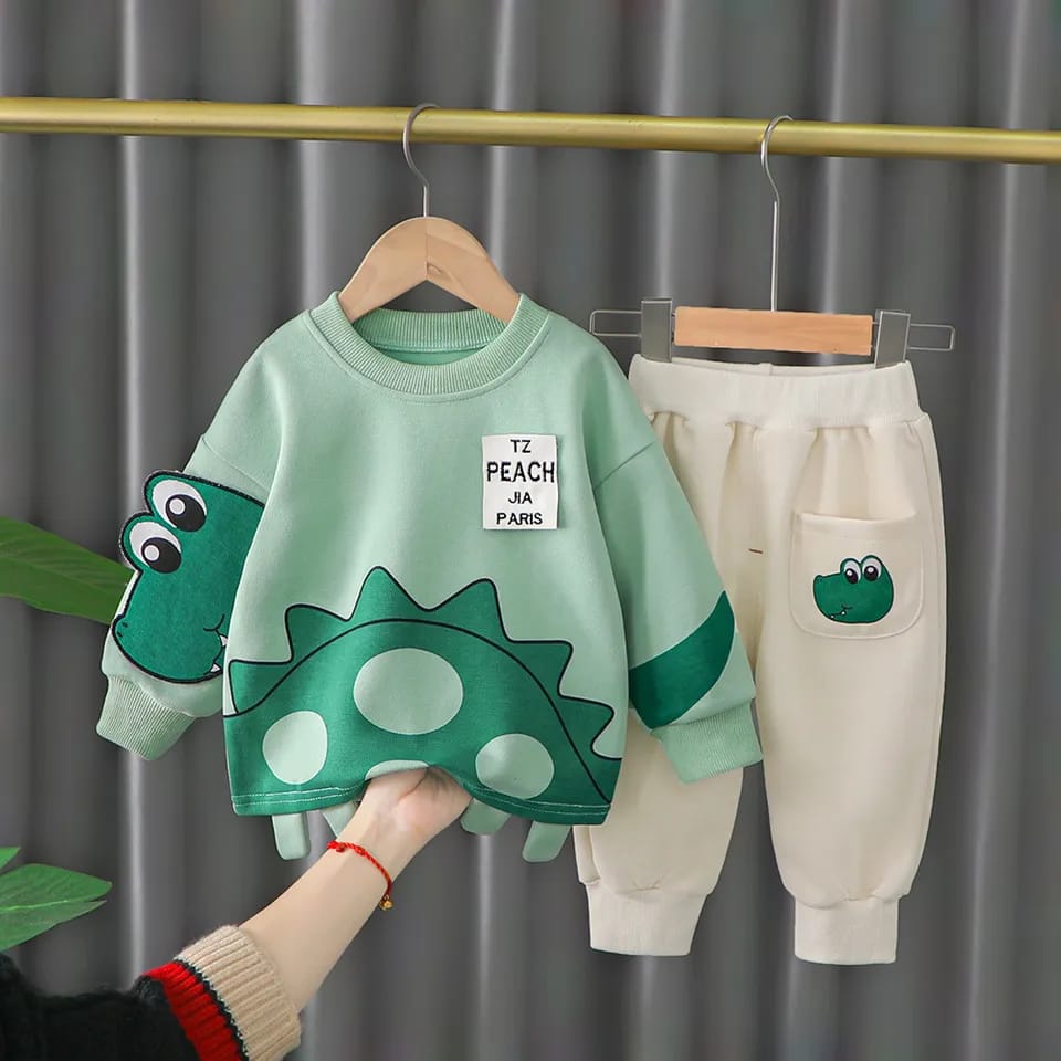Green Dino Print Sweatshirt With Trouser Tracksuit For Kids (OM-608)
