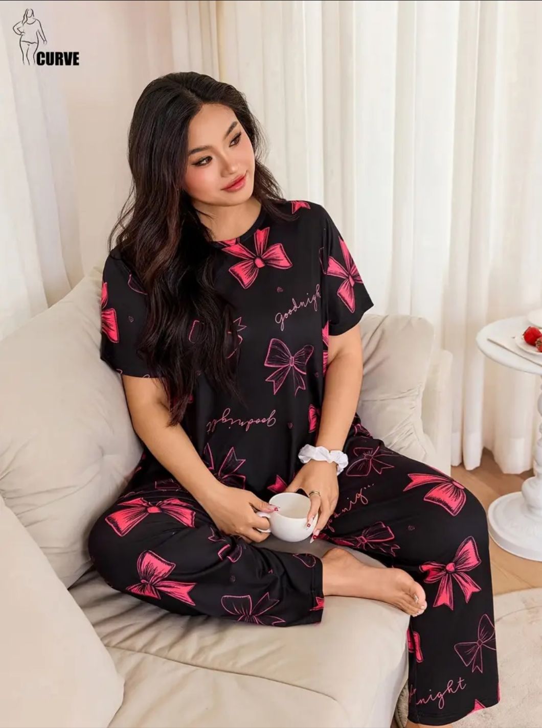 Black with Pink Bow Printed Half Sleeves The Ultimate Dream Wear Sleep Suit (OM-159)