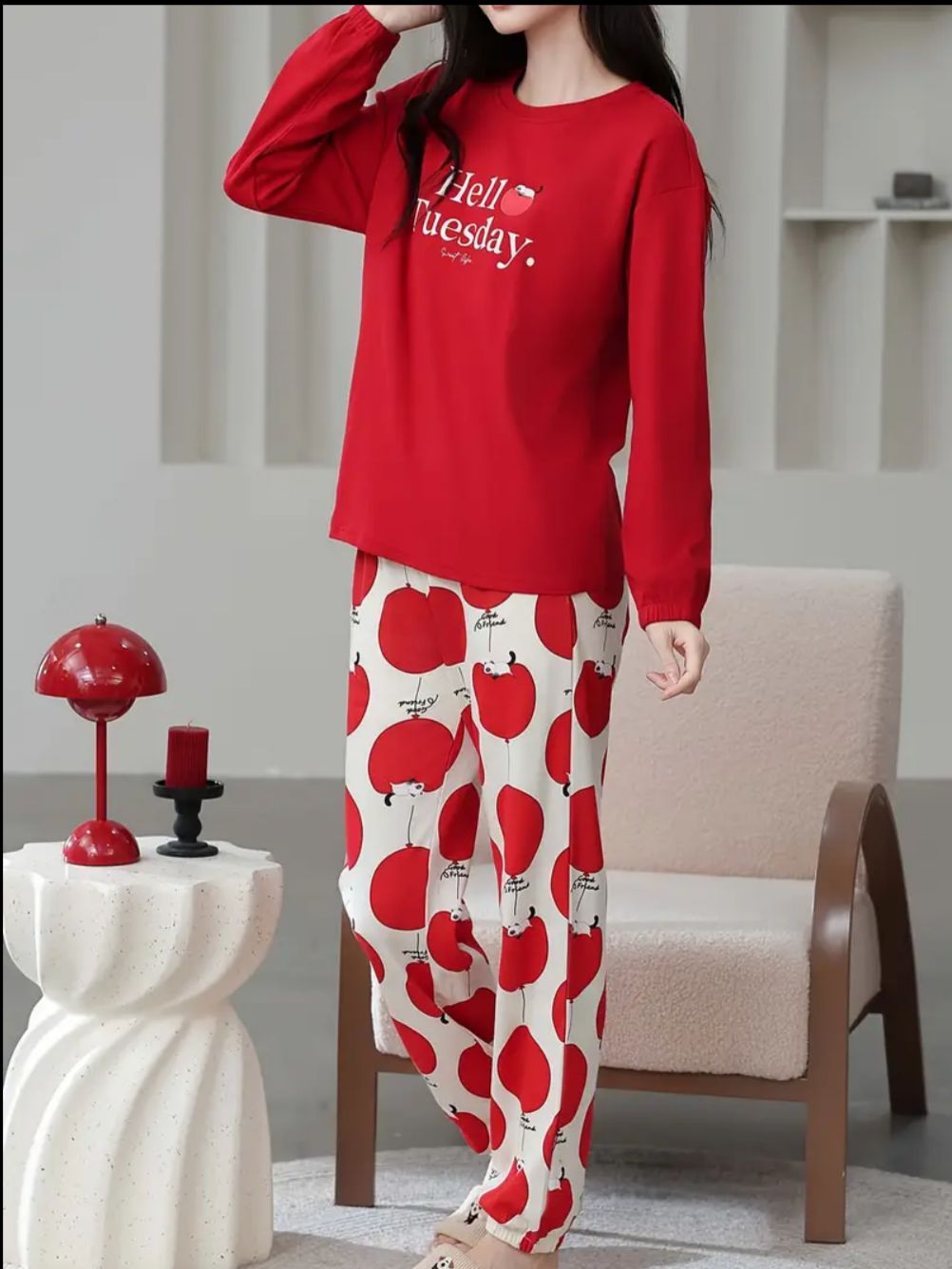 Red Hello Tuesday Printed Full Sleeves Pj The Ultimate Dream Wear Sleep Suit (OM-147)
