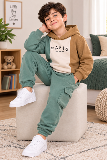 Kids Sage Green & Brown Kangro Hoodie Winter Tracksuit (OM-732 ) omii.pk