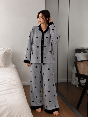Black Linning Hearts Stripe Printed V-Neck Button PJ Set For Her omii.pk