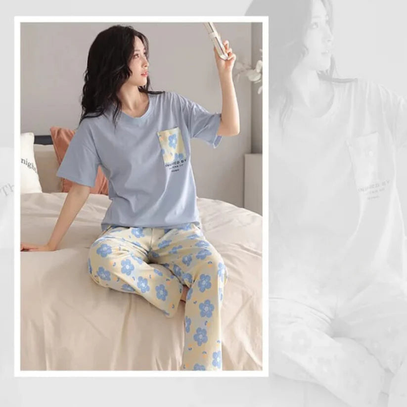 Sky Blue Pocket Flower With Flower Printed Trouser The Ultimate Dream Wear Sleep Suit (OM-93)