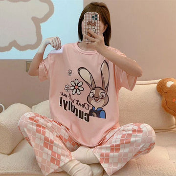 Pink Rabbit Half Sleeves tshirt and printed pajama The Ultimate Dream Wear Sleep Suit (OM-180)