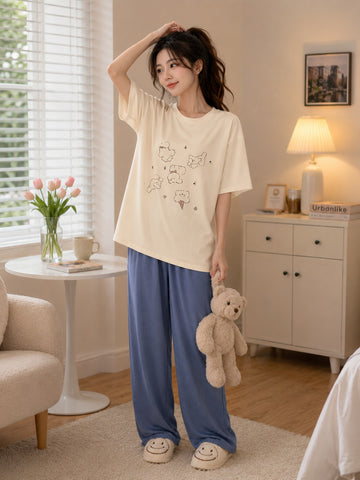 Ofwhite Cloudy Blue Printed Tshirt with Blue Pajama The Ultimate Dream Wear Sleep Suit (OM-198)