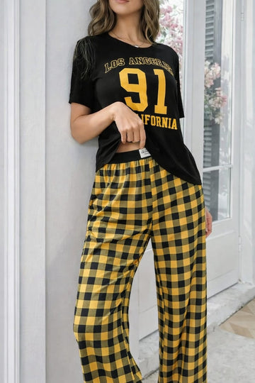 Black Los Angeles California Print Half Sleeves with Check Trouser The Ultimate Dream Wear Sleep Suit (OM-154)