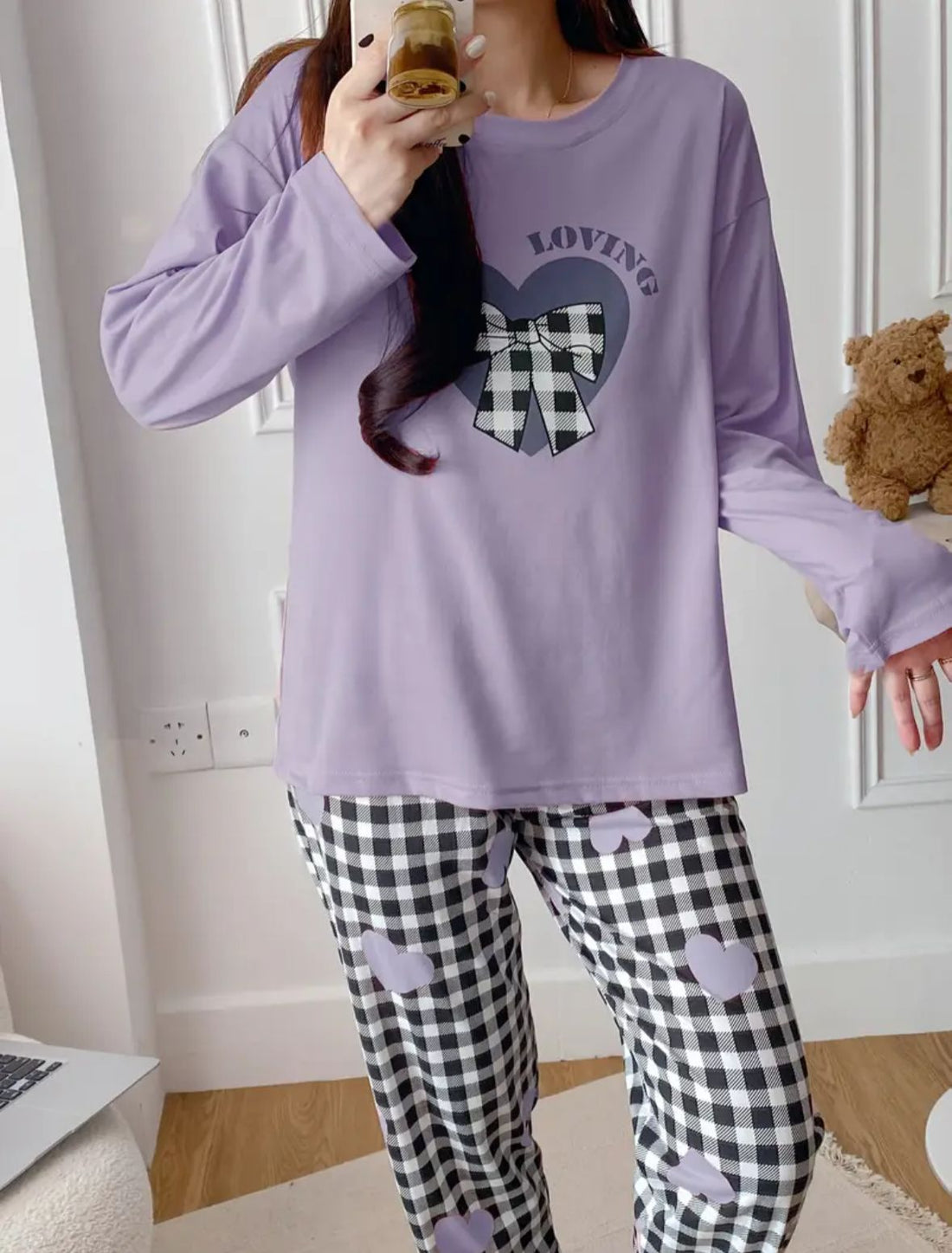 Lilac Loving with Check Ribbon Printed Full Sleeves PJ The Ultimate Dream Wear Sleep Suit (OM-151)