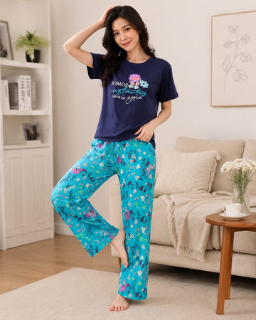 Blue Blossom Printed Tshirt with Printed Trouser The Ultimate Dream Wear Sleep Suit (OM-203)