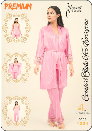 Baby Pink Comfort Style Premium Silk 5 Pcs Set Nighty Roses Luxury (CODE 1004)