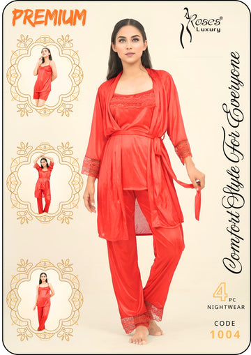 Red Comfort Style Premium Silk 5 Pcs Set Nighty Roses Luxury (CODE 1004)