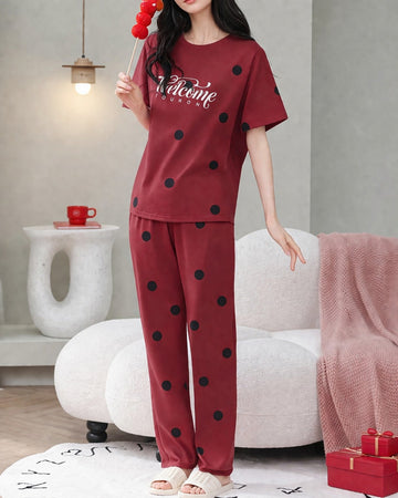Maroon Welcome Printed Half Sleeves Tshirt with Pajama The Ultimate Dream Wear Sleep Suit (OM-184)