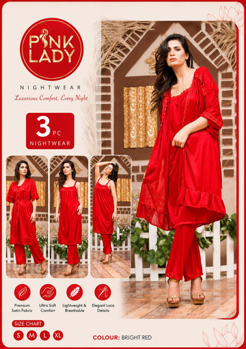 Red 3-piece set: Long Inner, Trouder & Gown Nighty Set Pink Lady