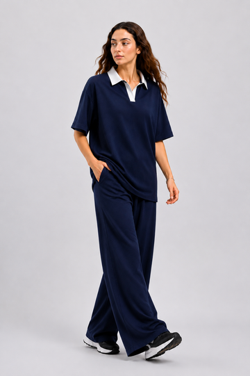 Navy Blue White Collar Co-Ord Set