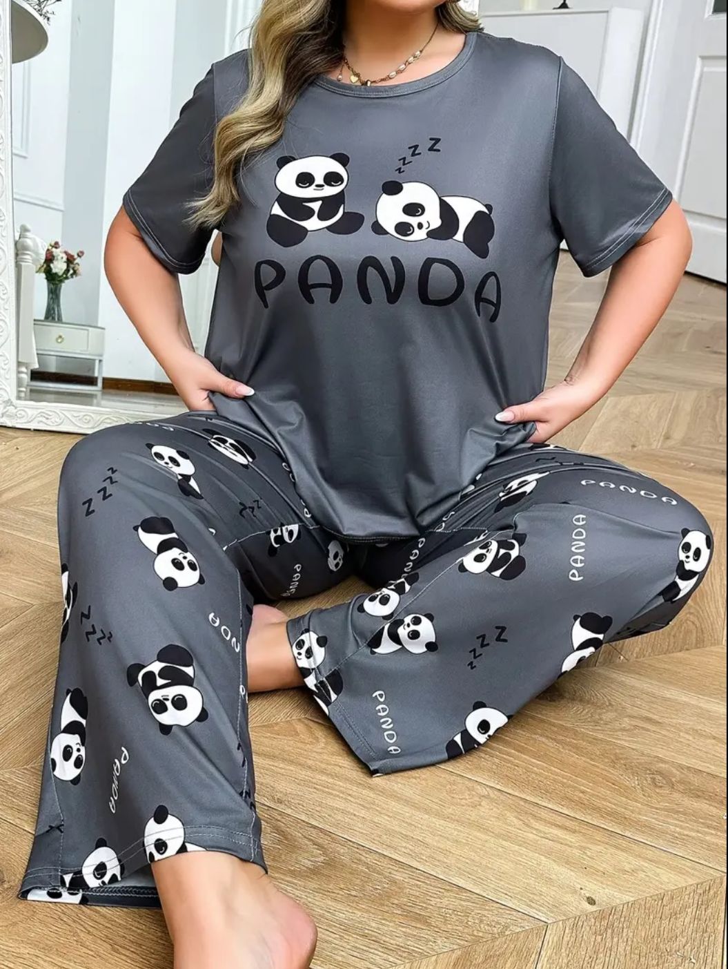 Grey Panda Printed Half Sleeves Tshirt with Printed Trouser The Ultimate Dream Wear Sleep Suit (OM-164)