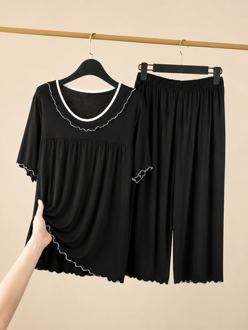Black Frill Neck Half Sleeves The Ultimate Dream Wear Sleep Suit (TST)