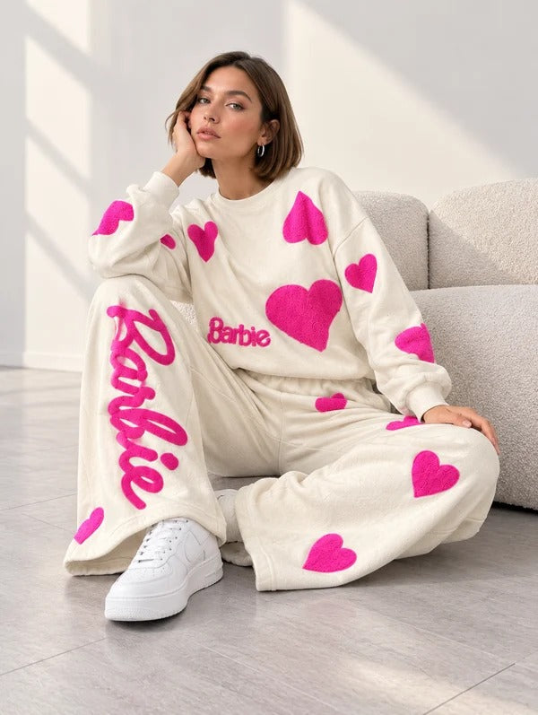 Cream Barbie Heart Print Winter Fleece Tracksuit For Her - omii.pk