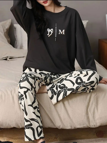Black Ribbon Printed Full Sleeves Shirt with Off White Printed PJ The Ultimate Dream Wear Sleep Suit (OM-148)