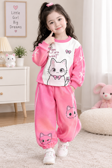 Girls Pink Cream Sweet Kitty Winter Tracksuit (OM-736) omii.pk