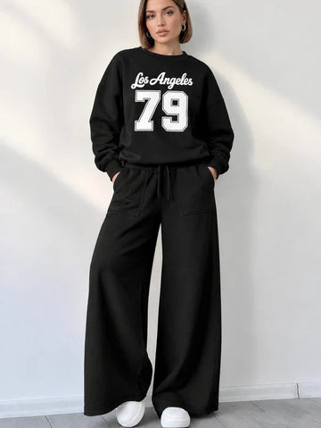 Black New York Stripe Winter Tracksuit For Her - omii.pk