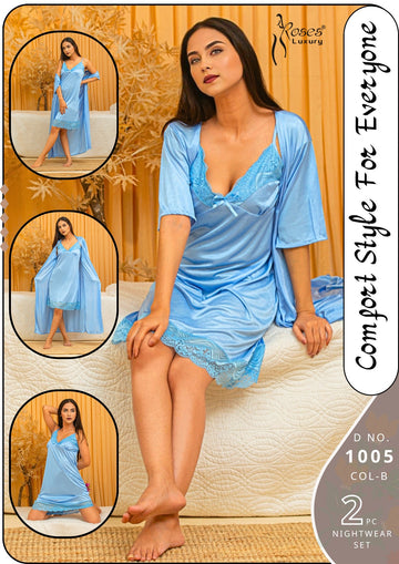 Sky Blue 2-Pcs Comfort Style Silk Bridal Nighty Rosses Luxury (1005)