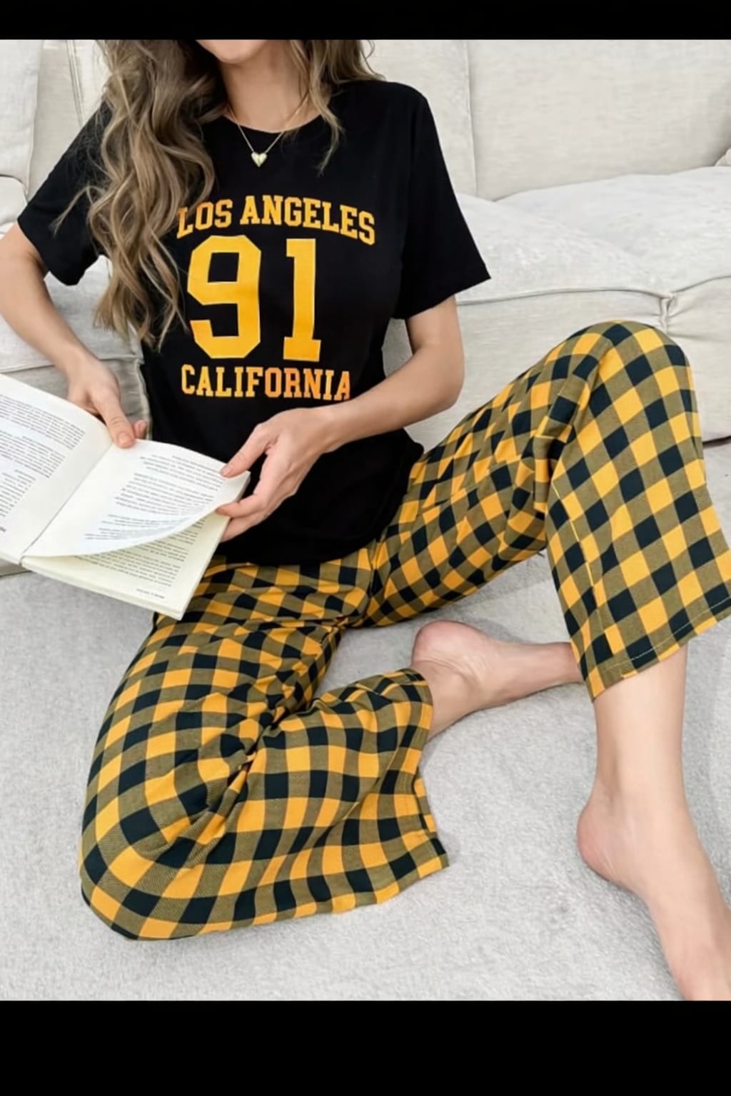 Black Los Angeles California Print Half Sleeves with Check Trouser The Ultimate Dream Wear Sleep Suit (OM-154)