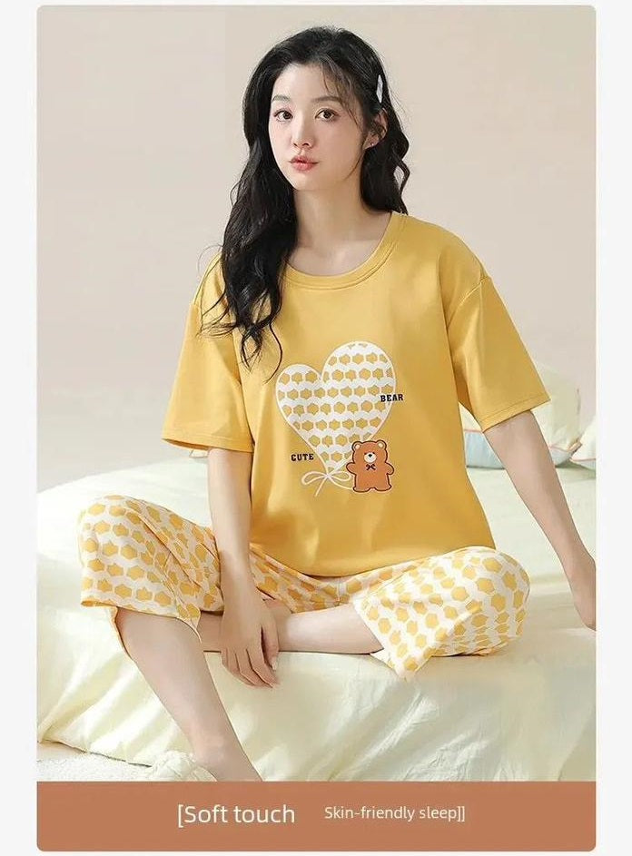 Yellow Bear Heart Printed The Ultimate Dream Wear Sleep Suit (OM-71)