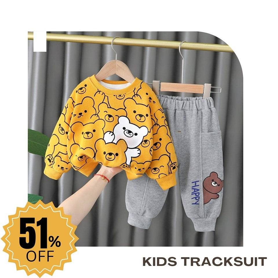 Yellow Bears Print Sweatshirt With Trouser Tracksuit For Kids (OM-601)
