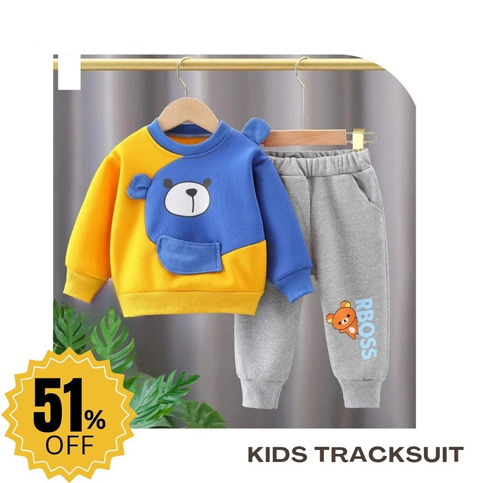Yellow With Blue Bear Sweatshirt With Trouser Tracksuit For Kids (OM-603)