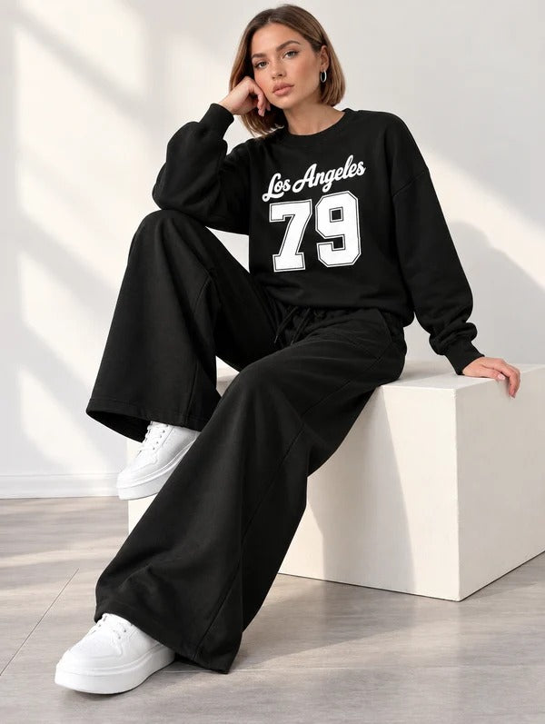 Black Los Angeles Stripe Fleece Winter Tracksuit For Her - omii.pk