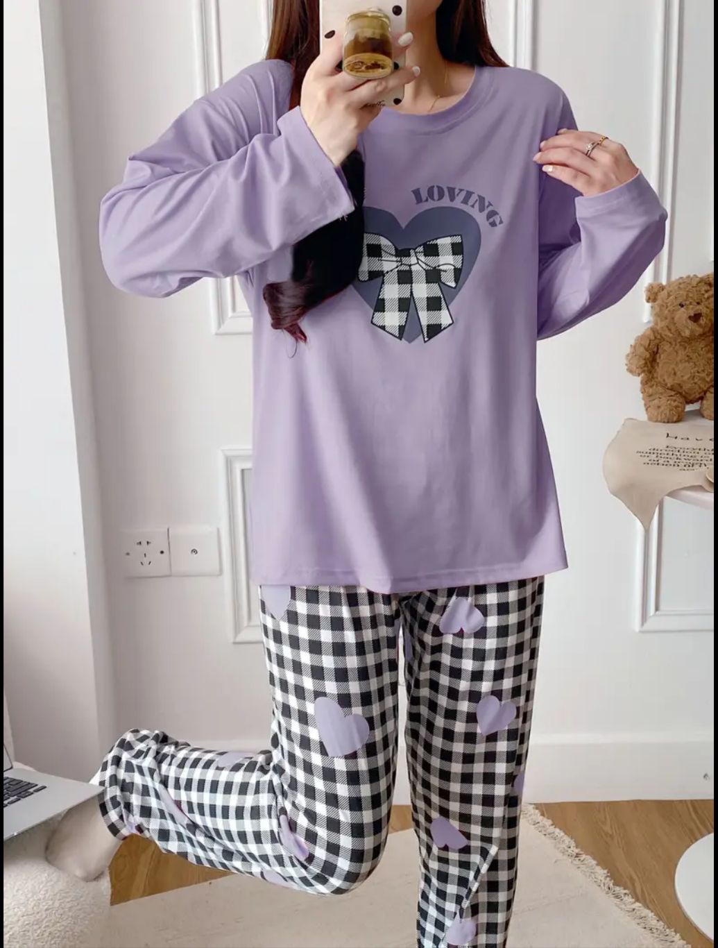 Lilac Loving with Check Ribbon Printed Full Sleeves PJ The Ultimate Dream Wear Sleep Suit (OM-151)