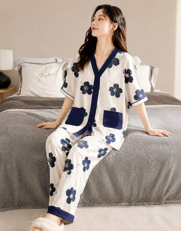 Off white with Blue All Over  Flowers Printed Button Style Pj Set