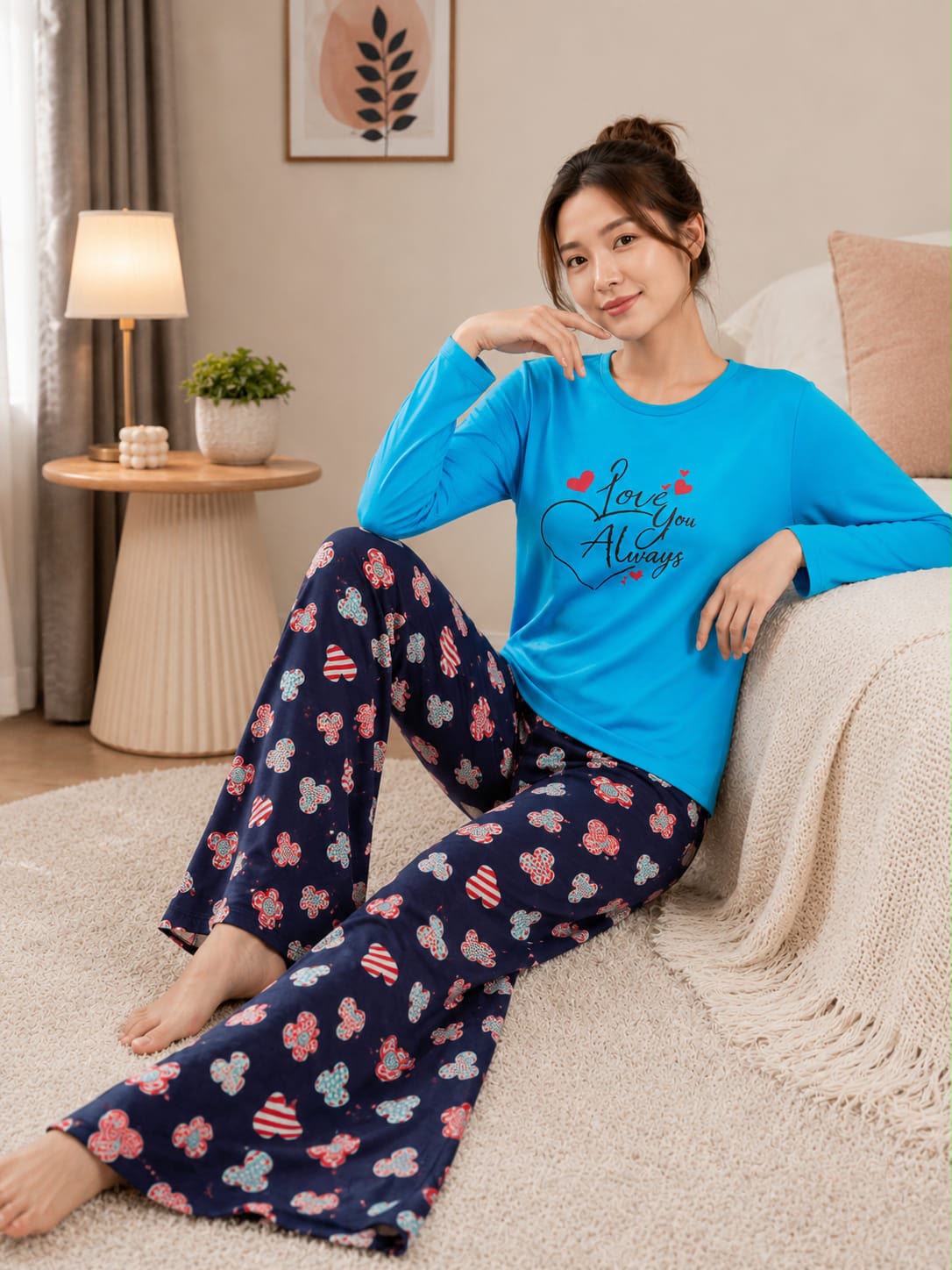 Blue Love Your Forever Printed Full Sleeves The Ultimate Dream Wear Sleep Suit (OM-212) omii.pk