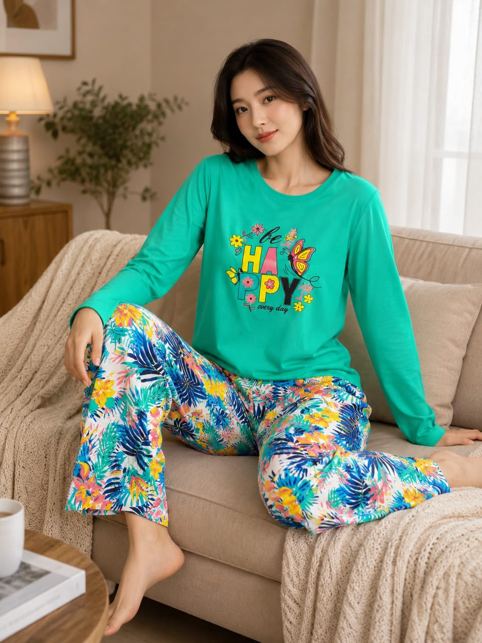 Sea Green Happy Bloom Printed Full Sleeves Tshirt Trouser The Ultimate Dream Wear Sleep Suit (OM-206)