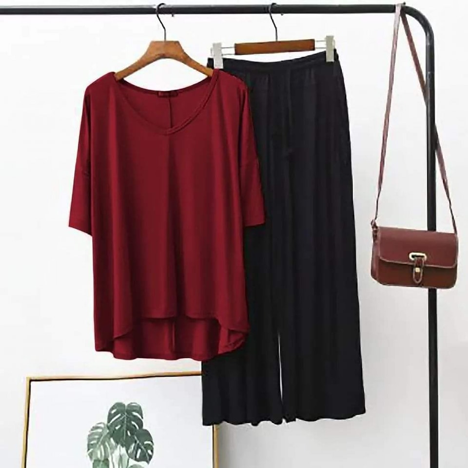 Maroon Plain Round Neck T-Shirt With Black Plazzo Pajama Suits (OM-113)