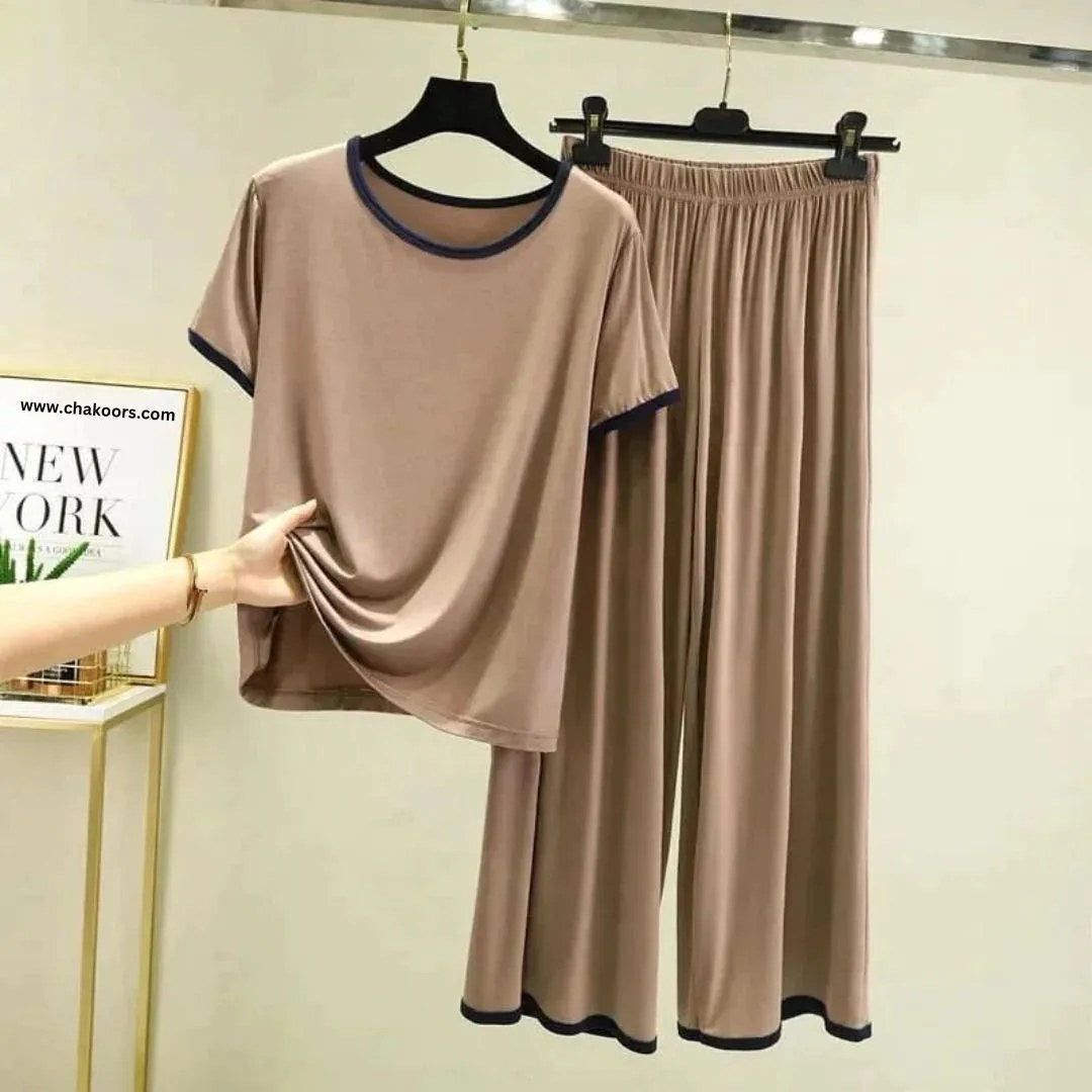 Brown with black Pipin Neck And Sleeves Half Sleeves Suit (OM-114)
