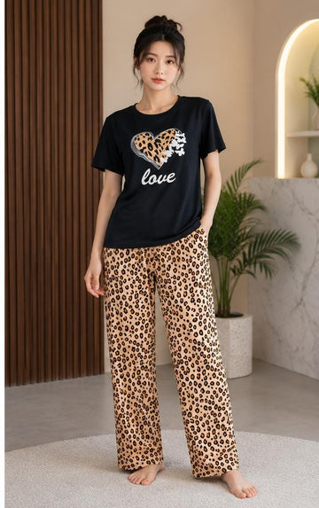 Black Leopards Love Half Sleeves with Leopards Printed Trouser (OM-192)