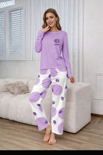 Lilac Graps Printed Full Sleeves The Ultimate Dream Wear Sleep Suit (OM-158)